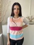 M&S (S) Barack-Pink-Kék Anyagában Lyukacsos, Kerek Nyakú Ujjatlan, Kötött Felső