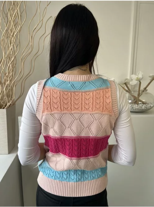 M&S (S) Barack-Pink-Kék Anyagában Lyukacsos, Kerek Nyakú Ujjatlan, Kötött Felső