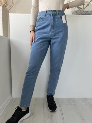   Boohoo (M) Kék Elől Gombos, Zsebes Egyenes Szárú, Farmer Nadrág