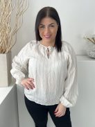 TU (M) Vilgos Drapp Nyakánál Megköthető, Zöld Csíkos Gumis Ujjvégű, Lenge Fazonú Felső