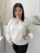 TU (M) Vilgos Drapp Nyakánál Megköthető, Zöld Csíkos Gumis Ujjvégű, Lenge Fazonú Felső