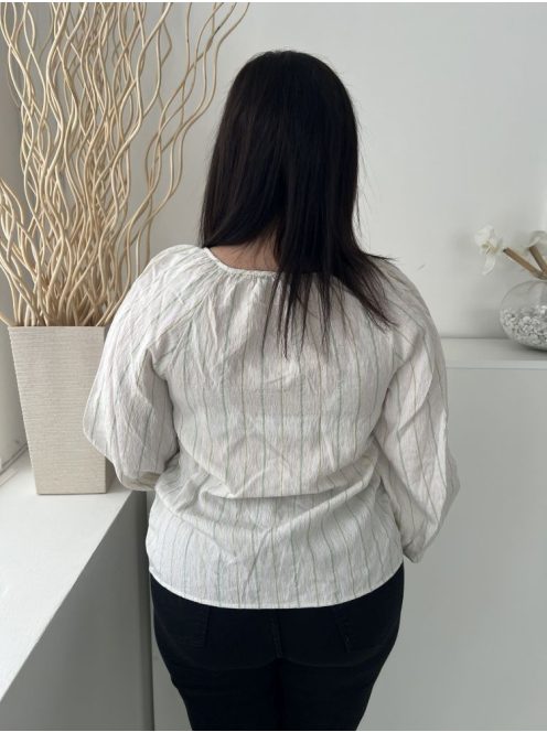 TU (M) Vilgos Drapp Nyakánál Megköthető, Zöld Csíkos Gumis Ujjvégű, Lenge Fazonú Felső