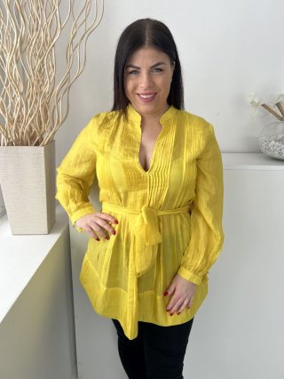   The Rose (M) Sárga Mélykivágású, Derékban Megkötős Mellnél Redőzött, Fényes Anyagú Felső