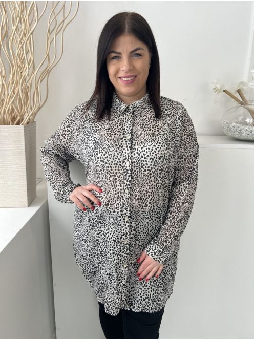 Nutmeg (M) Világos Barna Fekete Foltmintás, Elől Végig Gombos Hosszított Fazonú, Galléros Felső