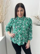 ÚJ New Look (M) Zöld Fehér Virágos, Hátul Nyakban Gombos Fodros Szegélyű, Gumis Ujjvégű Felső