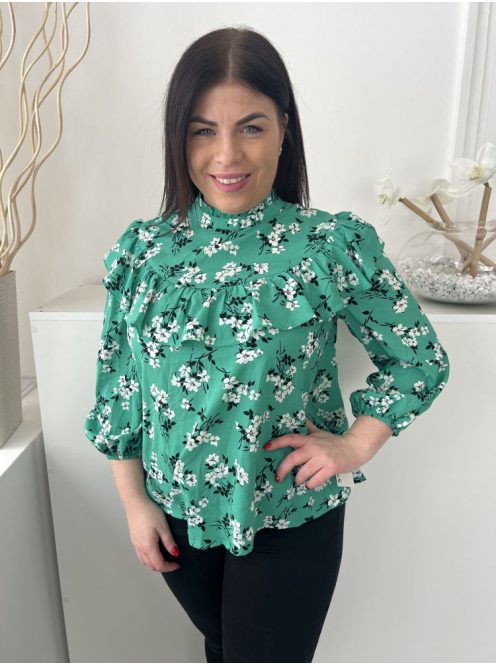ÚJ New Look (M) Zöld Fehér Virágos, Hátul Nyakban Gombos Fodros Szegélyű, Gumis Ujjvégű Felső