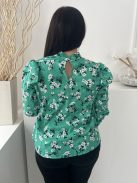 ÚJ New Look (M) Zöld Fehér Virágos, Hátul Nyakban Gombos Fodros Szegélyű, Gumis Ujjvégű Felső