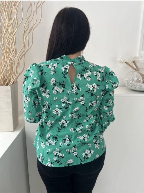 ÚJ New Look (M) Zöld Fehér Virágos, Hátul Nyakban Gombos Fodros Szegélyű, Gumis Ujjvégű Felső