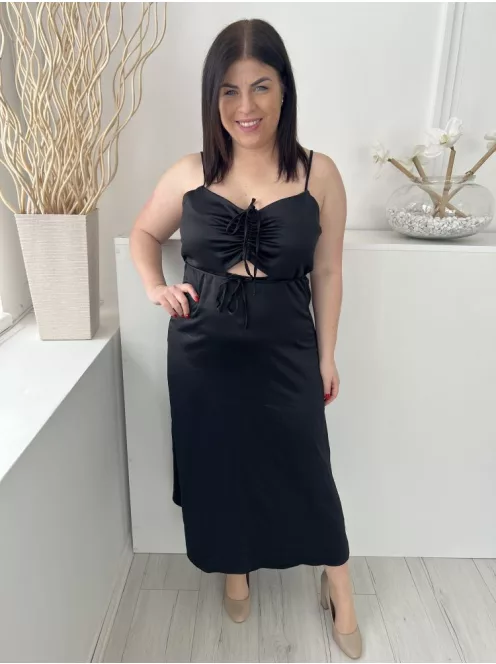 New Look (L) Fekete Mellnél Összehúzható, Derékban Kivágott Pántos, Anyagában Mintás Ruha