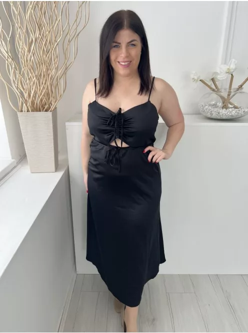 New Look (L) Fekete Mellnél Összehúzható, Derékban Kivágott Pántos, Anyagában Mintás Ruha