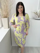 TU (M) Lila Neon Zöld Mintás, Derékban Darázsolt Gumis Ujjvégű, Kerek Nyakú Ruha