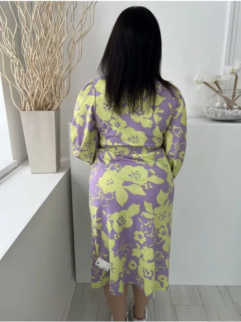 TU (M) Lila Neon Zöld Mintás, Derékban Darázsolt Gumis Ujjvégű, Kerek Nyakú Ruha