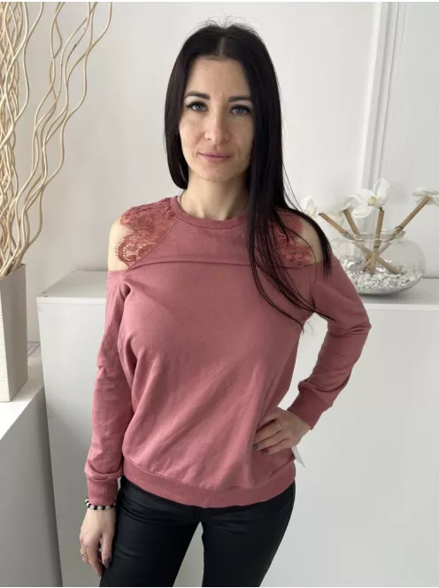 River Island (XS) Mályva Vállán Nyitott, Csipkebetétes Kerek Nyakú Felső