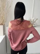 River Island (XS) Mályva Vállán Nyitott, Csipkebetétes Kerek Nyakú Felső