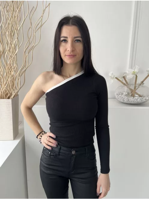 ÚJ Boohoo (S) Fekete Félvállas, Fehér Díszcsíkos Anyagában Mikrobordázott, 90% Pamut Alapanyagú Felső