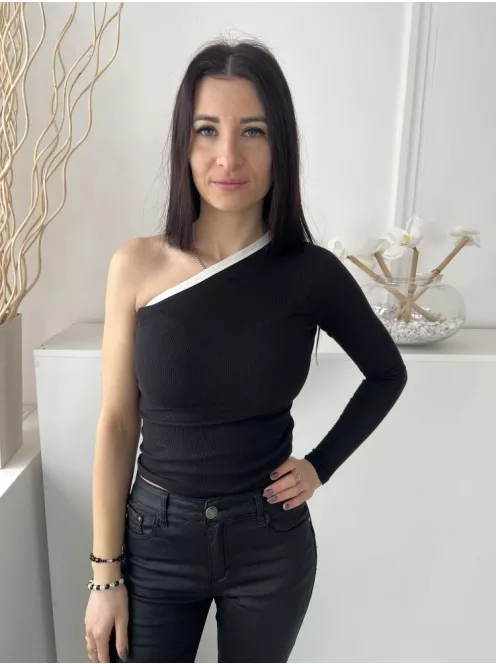 ÚJ Boohoo (S) Fekete Félvállas, Fehér Díszcsíkos Anyagában Mikrobordázott, 90% Pamut Alapanyagú Felső