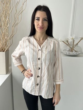    (M) Világos Drapp Barna Csíkos, Elől Végig Gombos 55% Len Alapanyagú, Ujjvégn Felgombolható Felső