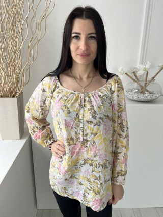   H&M (M) Fehér Színes Virág Mintás, Mellnél Gombos 100% Pamut Alapanyagú, Lenge Fazonú Felső