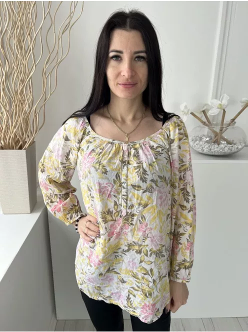 H&M (M) Fehér Színes Virág Mintás, Mellnél Gombos 100% Pamut Alapanyagú, Lenge Fazonú Felső