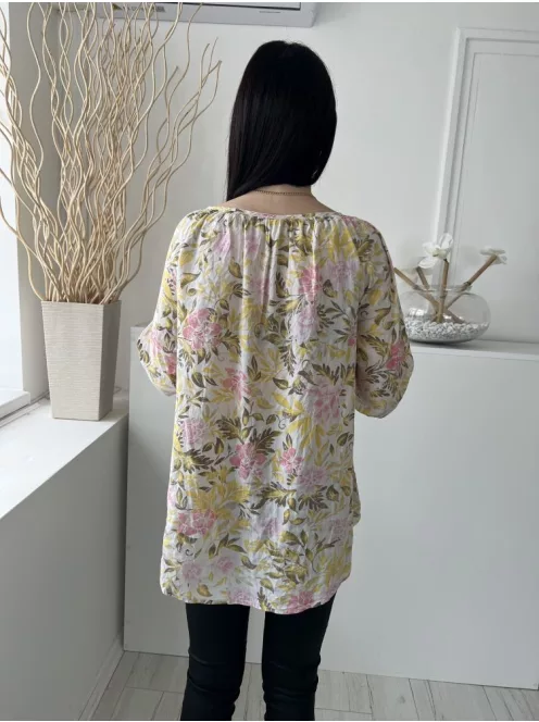 H&M (M) Fehér Színes Virág Mintás, Mellnél Gombos 100% Pamut Alapanyagú, Lenge Fazonú Felső