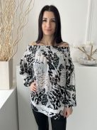 Reiss (M) Halvány Szürke Fekete Mintás, Ejtett Darázsolt Vállú Gombos Ujjvégű Felső