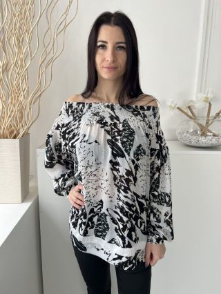   Reiss (M) Halvány Szürke Fekete Mintás, Ejtett Darázsolt Vállú Gombos Ujjvégű Felső