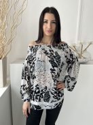 Reiss (M) Halvány Szürke Fekete Mintás, Ejtett Darázsolt Vállú Gombos Ujjvégű Felső