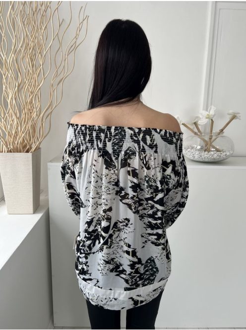 Reiss (M) Halvány Szürke Fekete Mintás, Ejtett Darázsolt Vállú Gombos Ujjvégű Felső