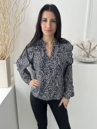   M&S (M) Sötétkék Fehér Foltmintás, Csipkeszegélyes V Kivágású, Nyakánál Ráncolt Felső