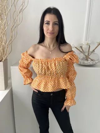   H&M (S) Narancssárga Fehér Apró Virágos, Ejtett Gumis Vállú Derékban Darázsolt, Buggyos Ujjú Felső