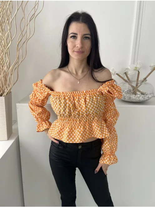 H&M (S) Narancssárga Fehér Apró Virágos, Ejtett Gumis Vállú Derékban Darázsolt, Buggyos Ujjú Felső