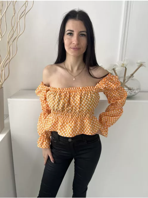 H&M (S) Narancssárga Fehér Apró Virágos, Ejtett Gumis Vállú Derékban Darázsolt, Buggyos Ujjú Felső