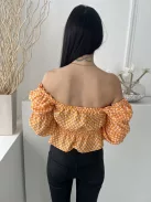 H&M (S) Narancssárga Fehér Apró Virágos, Ejtett Gumis Vállú Derékban Darázsolt, Buggyos Ujjú Felső