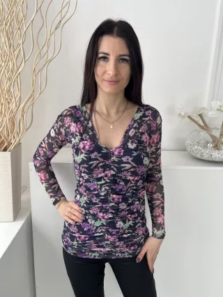   ÚJ Gallery (S) Sötétkék Lila Virágos, Hálós Anyagú Elől és Oldalt Húzott, Bélelt Felső