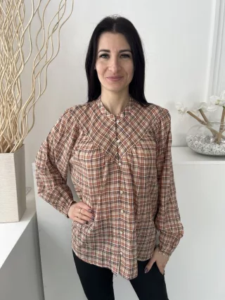   Primark (S) Barna-Drapp Kockás, Elől Végig Gombos Buggyos Ujjú, 100% Pamut Alapanyagú Felső