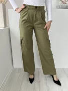 Pull&Bear (S) Khaki Elől Gombos, Oldalt Zsebes Övtartós, Bőszárú Nadrág