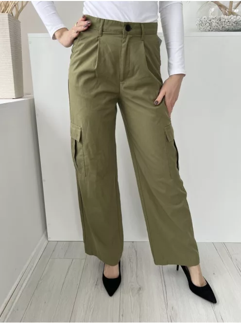 Pull&Bear (S) Khaki Elől Gombos, Oldalt Zsebes Övtartós, Bőszárú Nadrág