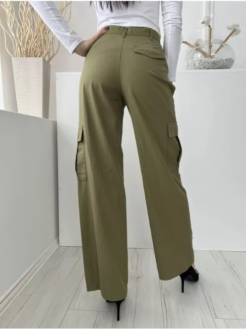 Pull&Bear (S) Khaki Elől Gombos, Oldalt Zsebes Övtartós, Bőszárú Nadrág