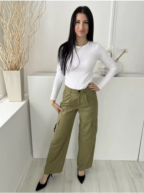 Pull&Bear (S) Khaki Elől Gombos, Oldalt Zsebes Övtartós, Bőszárú Nadrág
