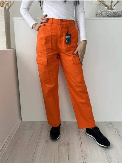 ÚJ Denim Co (S) Neon Narancs Elől Gombos, Oldalt Zsebes Övtartós Nadrág