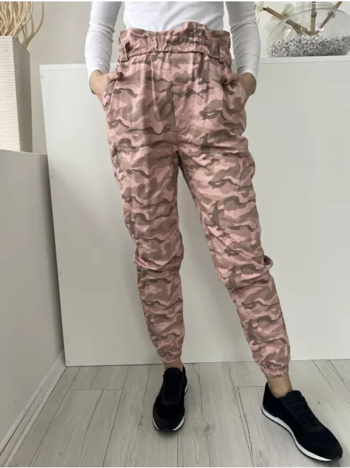 Missguided (S) Rózsaszín-Khaki Terepmintás, Gumisderekú Zsebes, Paperbag Fazonú Nadrág
