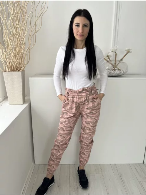 Missguided (S) Rózsaszín-Khaki Terepmintás, Gumisderekú Zsebes, Paperbag Fazonú Nadrág