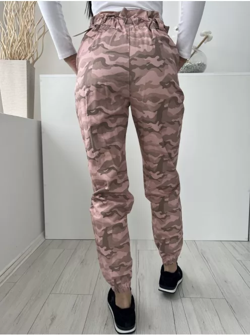 Missguided (S) Rózsaszín-Khaki Terepmintás, Gumisderekú Zsebes, Paperbag Fazonú Nadrág