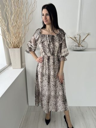   River Island (S) Drapp Barna Kígyóbőrmintás, Csipkebetétes Mellnél Megköthető, Vállőán Gumírozott Ruha