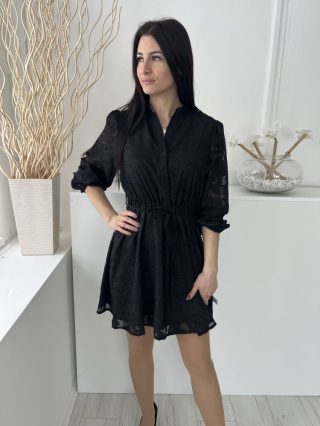   Shein (S) Fekete Anyagában Mintás, Mellnél Gombos Gumisderekú, Derékban Megkötős Ruha