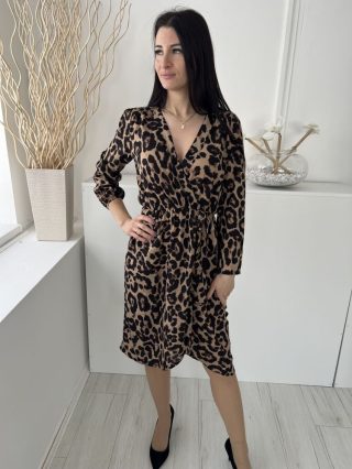   AX (S) Barna Fekete Foltmintás, Díszlapolású Derékban Díszmegkötős Ruha