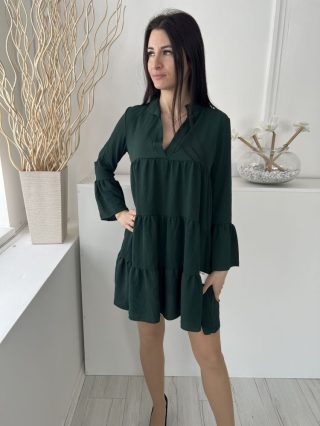   Boohoo (S) Fenyőzöld V Kivágású, Galléros Fodros Aljú, Tölcsér Ujjú Ruha