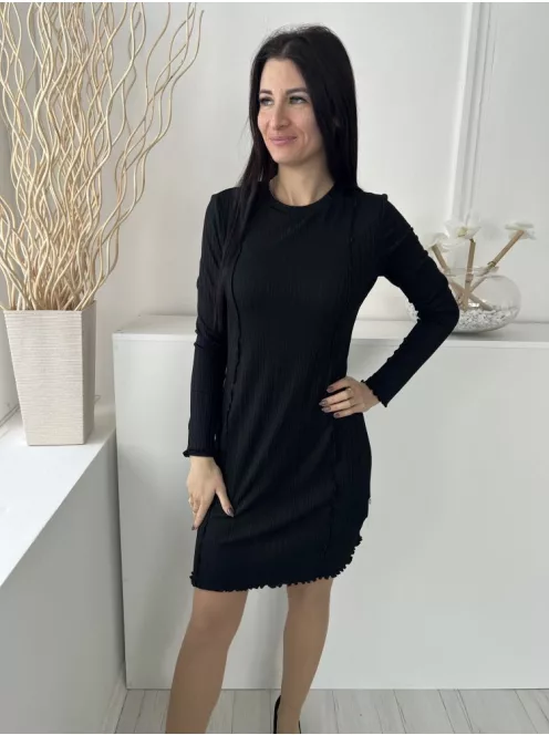 Primark (M) Fekete Anyagában Mintás, Elől Díszvarrásos Kerek Nyakú, Fodros Aljú Ruha