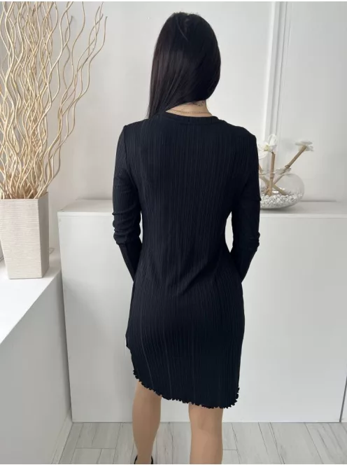 Primark (M) Fekete Anyagában Mintás, Elől Díszvarrásos Kerek Nyakú, Fodros Aljú Ruha