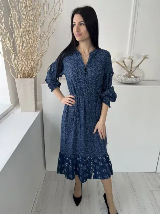   Fat Face (M) Sötétkék Apró Mintás, Elől Végig Gombos Derékban Megkötős, Buggyos Ujjú, Zsebes Ruha